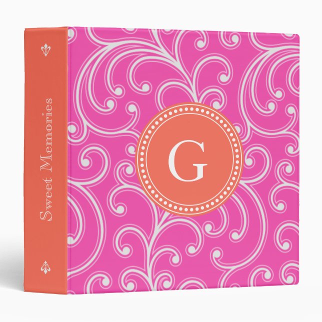 Elegant girly pink floral pattern monogram 3 ring binder (Front/Spine)