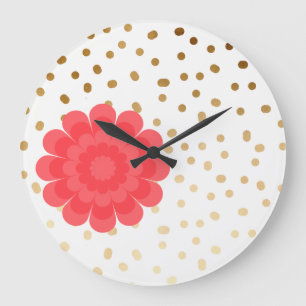 elegant girly pink flower gold polka dots pattern large clock