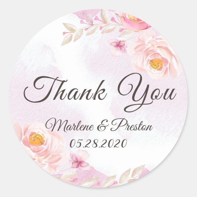 Elegant Girly Pink Gold Blossom Flowers Thank You Classic Round Sticker