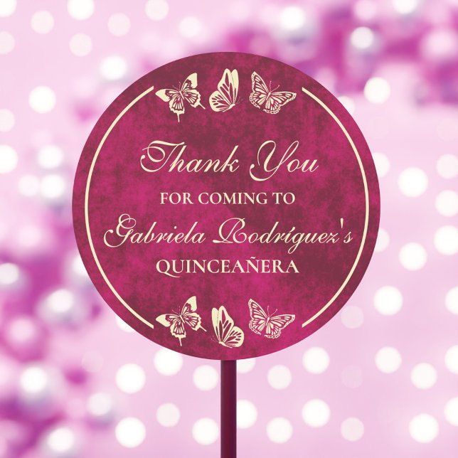 Elegant Girly Pink Gold Butterflies Quinceañera Classic Round Sticker (Elegant Girly Pink Gold Butterflies Quinceañera Classic Round Sticker)