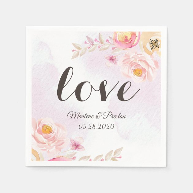 Elegant Girly Pink Gold Floral Love Script Wedding Paper Napkin