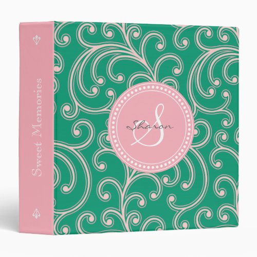 Elegant girly pink green floral pattern monogram 3 ring binder