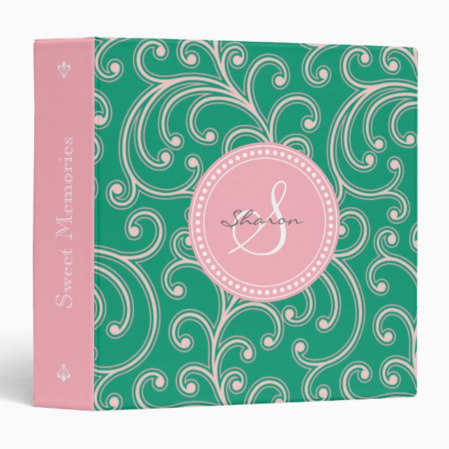 Elegant girly pink green floral pattern monogram 3 ring binder (Front/Spine)