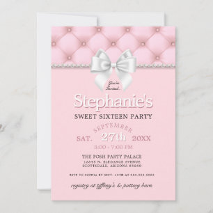Elegant Girly Pink Pearls White Bow 16th Birthday Invitation