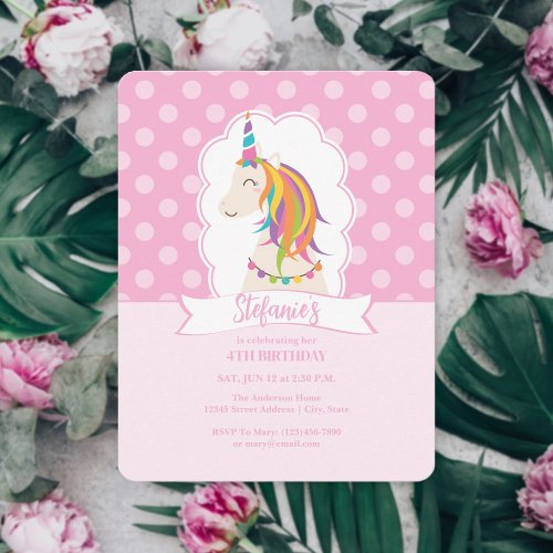 Elegant Girly Pink Rainbow Unicorn Girl Birthday Invitation