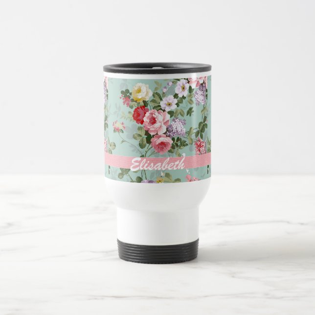 Elegant Girly Pink Red Roses Monogram Travel Mug (Center)