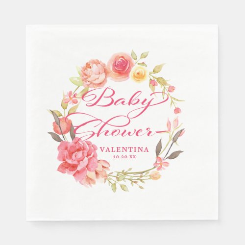 Elegant Girly Pink Rose Gold Floral Baby Shower Napkins