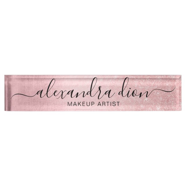 Elegant girly pink rose gold glitter makeup artist desk name plate (Front)