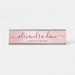 Elegant girly pink rose gold glitter makeup artist desk name plate