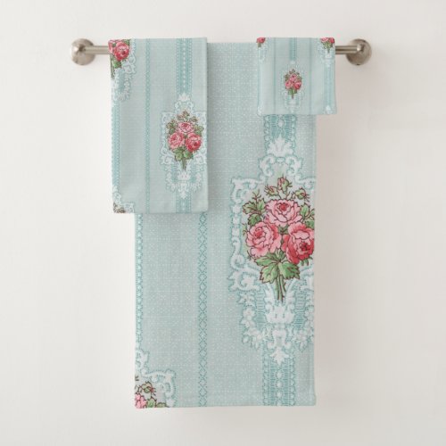 Elegant Girly Pink Roses on Mint Background Bath Towel Set