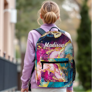 Elegant girly pink turquoise marble art  printed backpack