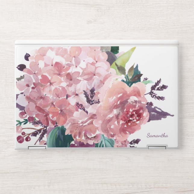 Elegant Girly Pink Watercolor Floral HP Laptop Skin (Front)