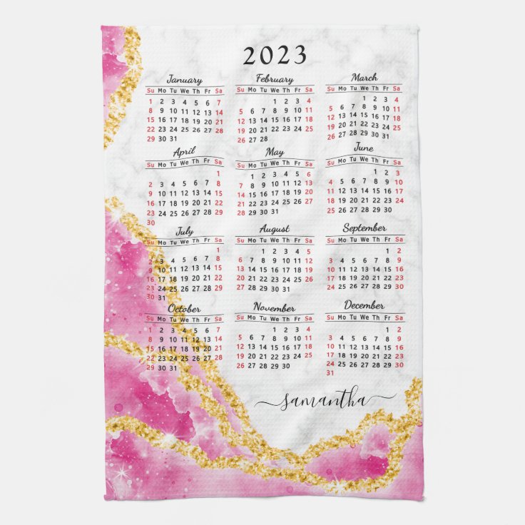 Elegant Girly Pink White Marble 2023 Calendar Kitchen Towel | Zazzle