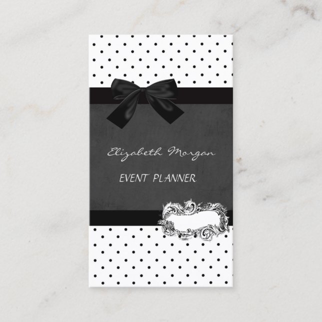 Elegant Girly Professional,Polka Dots,Black Bow Business Card (Front)