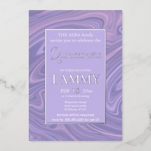Elegant girly purple lilac Quinceanera silver Foil Invitation