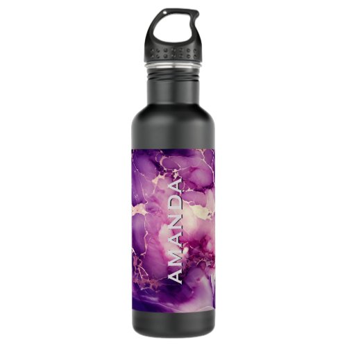 Elegant girly purple marble faux glitter monogram stainless steel water bottle