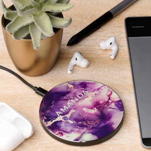 Elegant girly purple marble faux glitter monogram wireless charger 