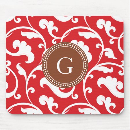 Elegant Girly Red Floral Pattern Monogram Mouse Pad