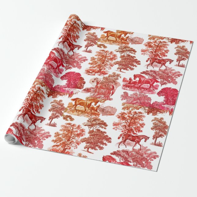 Elegant Girly Red Orange Horse Toile Wrapping Paper (Unrolled)