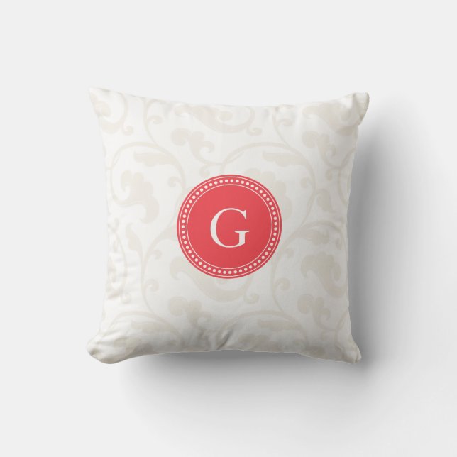 Elegant girly red white floral pattern monogram throw pillow (Front)