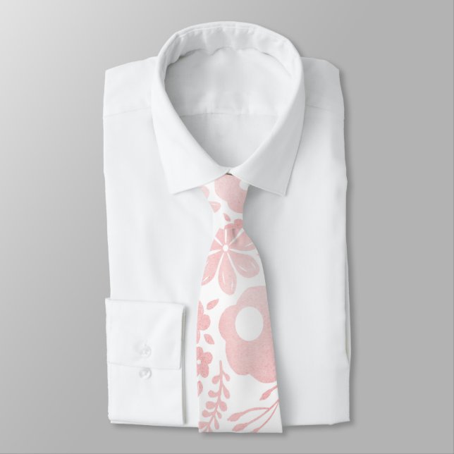 Elegant Girly Rose Gold Flowers Shapes Pattern Neck Tie (Tied)