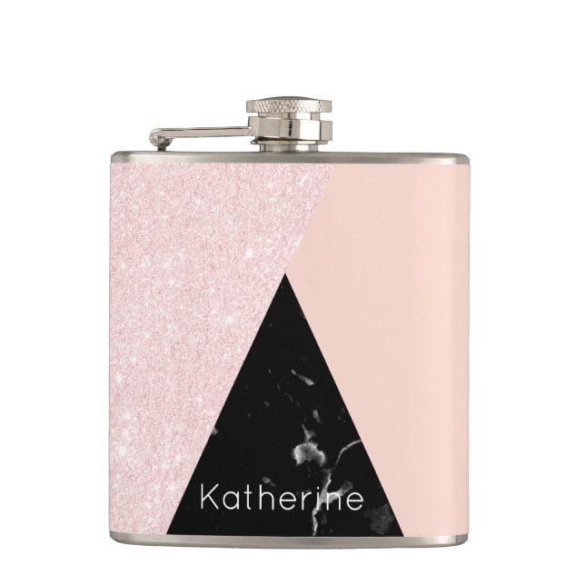 Elegant girly rose gold glitter & back marble flask (Front)