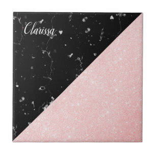 Elegant girly rose gold glitter & black marble ceramic tile