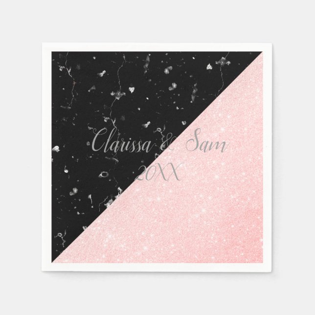 Elegant girly rose gold glitter & black marble napkins (Front)