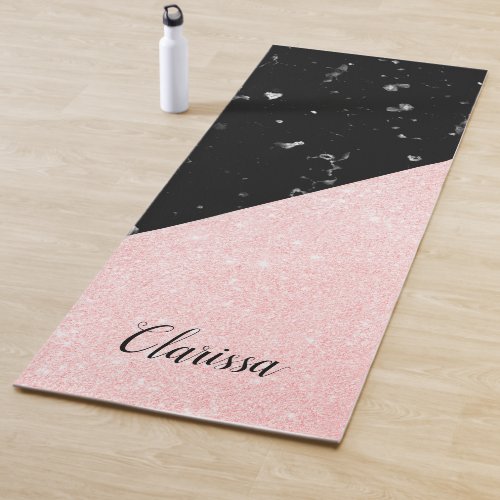 Elegant girly rose gold glitter  black marble yoga mat