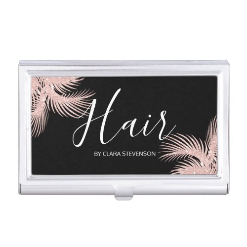 Elegant girly rose gold glitter black palm hair business card case