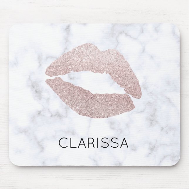 elegant girly rose gold glitter lips white marble mouse pad (Front)