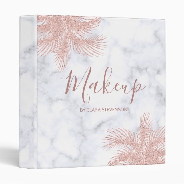 Elegant girly rose gold glitter marble palm makeup 3 ring binder (Front/Spine)