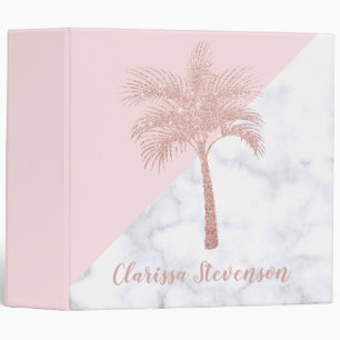 Elegant girly rose gold glitter palm white marble 3 ring binder