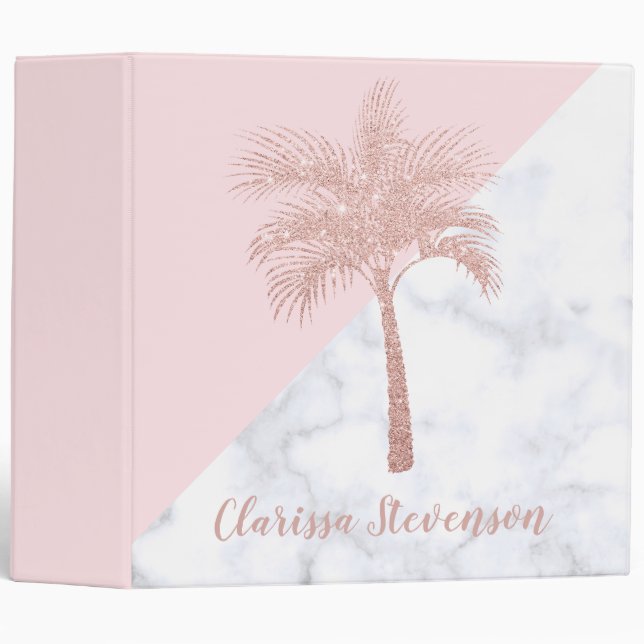 Elegant girly rose gold glitter palm white marble 3 ring binder (Front/Spine)