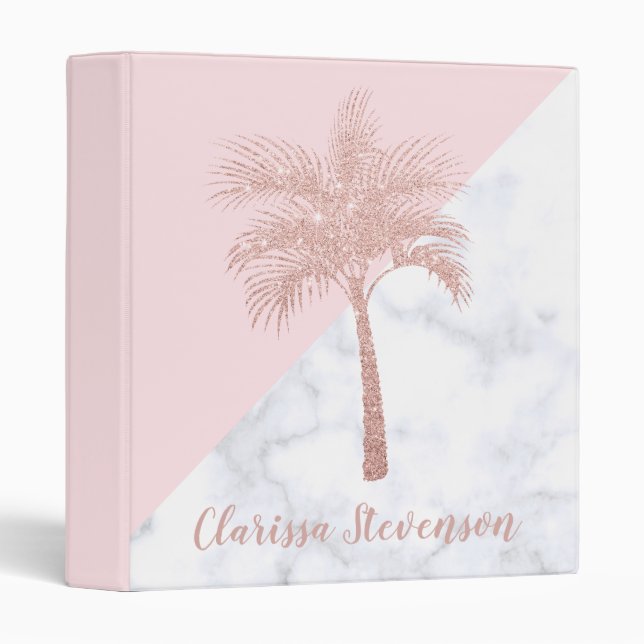 Elegant girly rose gold glitter palm white marble 3 ring binder (Front/Spine)