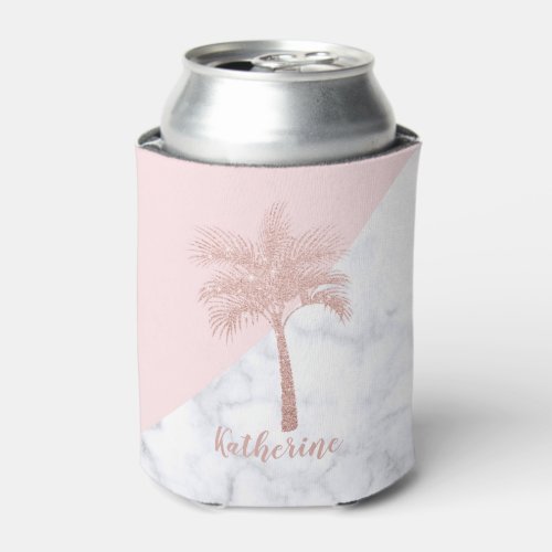 Elegant girly rose gold glitter palm white marble can cooler