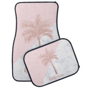 Elegant girly rose gold glitter palm white marble car floor mat