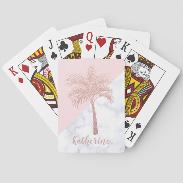 Elegant girly rose gold glitter palm white marble poker cards (Back)