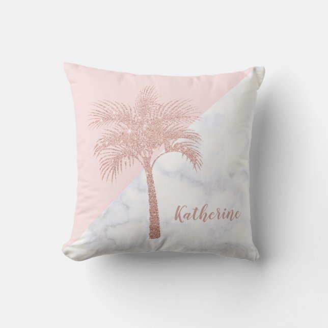 Elegant girly rose gold glitter palm white marble throw pillow (Front)