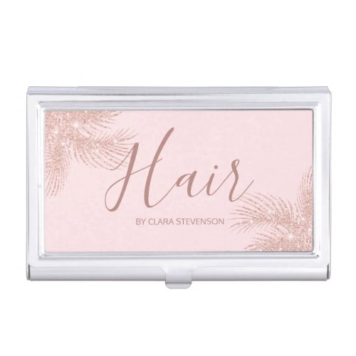 Elegant girly rose gold glitter pink palm hair business card case