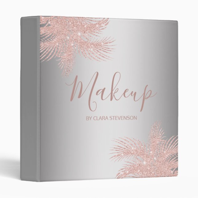 Elegant girly rose gold glitter silver palm makeup 3 ring binder (Front/Spine)