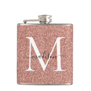 Elegant Girly Rose Gold Glitter Sparkle Monogram Flask
