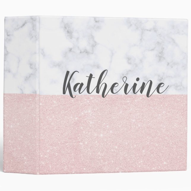 Elegant girly rose gold glitter & white marble 3 ring binder (Front/Spine)