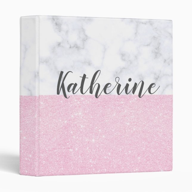 Elegant girly rose gold glitter white marble 3 ring binder (Front/Spine)
