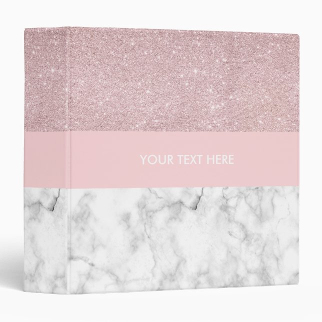 Elegant girly rose gold glitter & white marble 3 ring binder (Front/Spine)