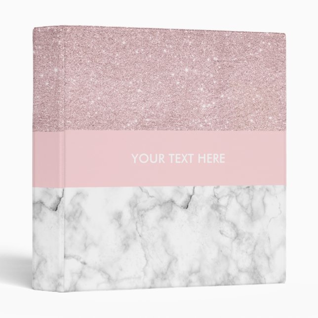 Elegant girly rose gold glitter & white marble 3 ring binder (Front/Spine)