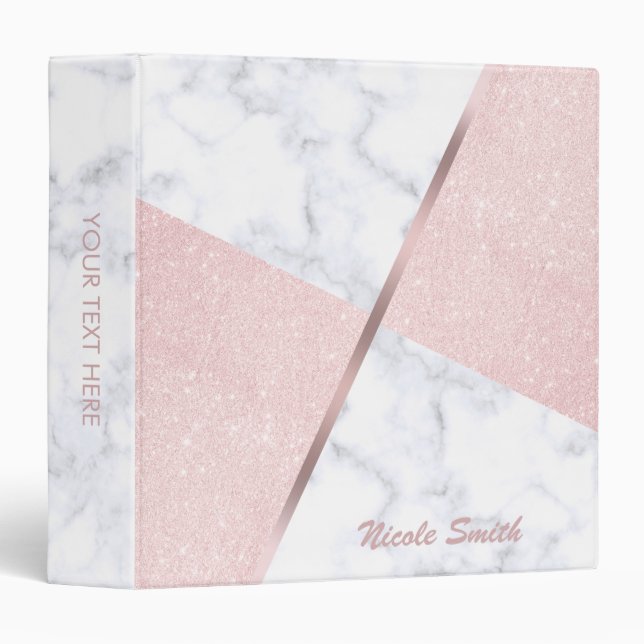 Elegant girly rose gold glitter & white marble 3 ring binder (Front/Spine)
