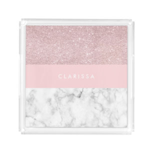 Elegant girly rose gold glitter & white marble acrylic tray
