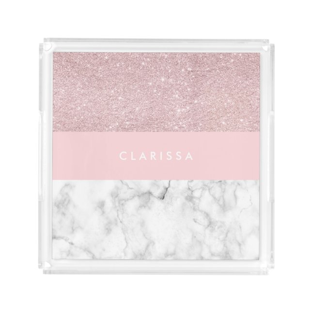 Elegant girly rose gold glitter & white marble acrylic tray (Front)