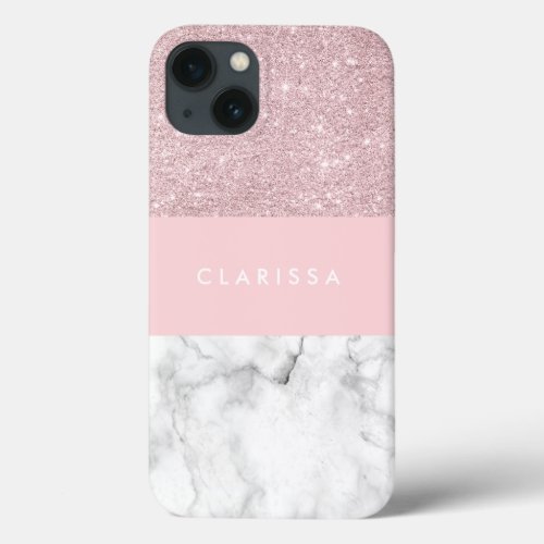 Elegant girly rose gold glitter  white marble iPhone 13 case
